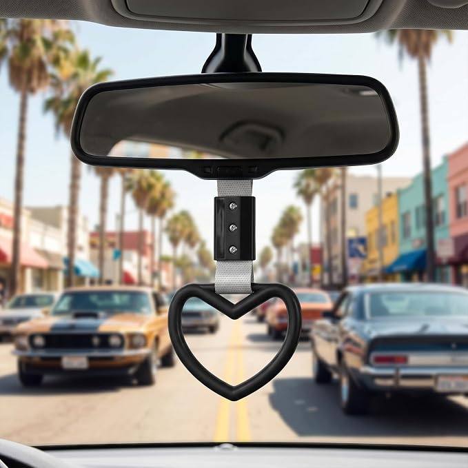 2 Pcs Heart Shaped Car Handle Strap – JD M Drift Charm Rear Bumper Warning Ring Decor for Car Interior Exterior, Subway Bus Handle Accessory, Cute Heart Car Decor Gift for Drivers (Black-Silver)