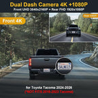Front 4K+Rear 1080P Dash Cam Adapts for Toyota Tacoma & Hybrid 2024-2026, Integrated OEM Look, 2 Way HD Video, WiFi & APP, Loop Recording, G-Sensor, Night Vision, Easy to Use, 128GB Card