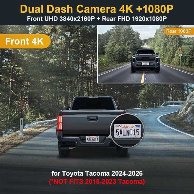 Front 4K+Rear 1080P Dash Cam Adapts for Toyota Tacoma & Hybrid 2024-2026, Integrated OEM Look, 2 Way HD Video, WiFi & APP, Loop Recording, G-Sensor, Night Vision, Easy to Use, 128GB Card