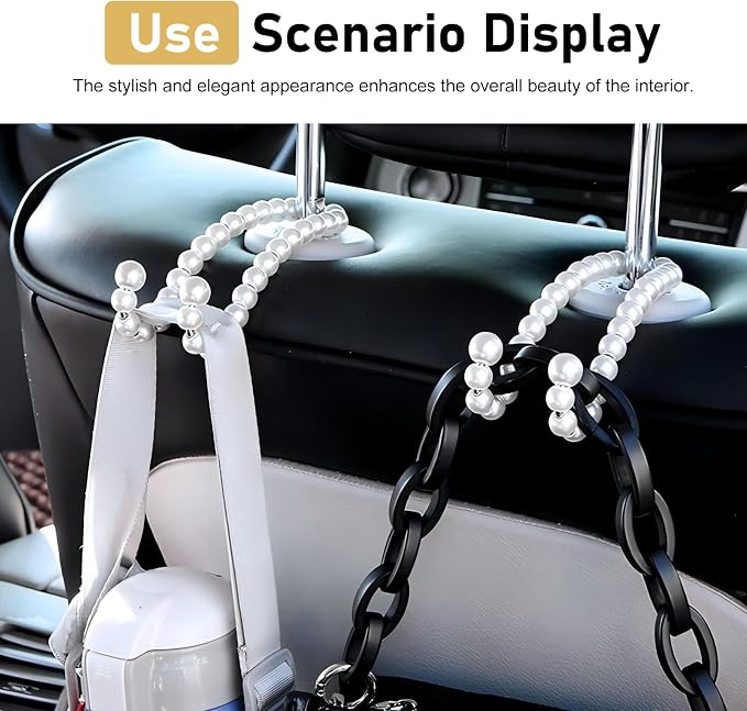 2 PCS Car Bag Hooks, Purse Hook for Car, Pearl Seat Backrest Storage Hook, Cute Auto Interior Decoration Headrest Hanger for Women Girls (White)