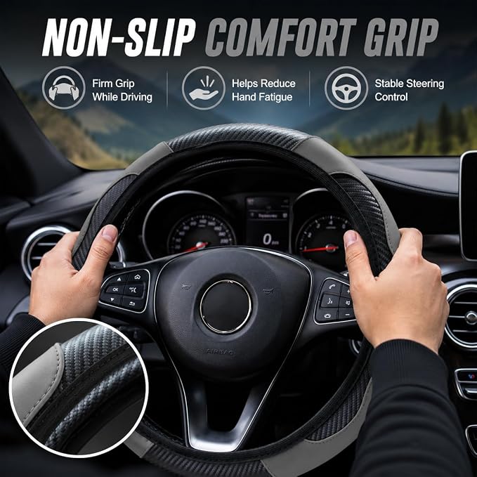Car Steering Wheel Cover 15 inch, Microfiber PU Leather Elastic Steering Wheel Protector, Anti-Slip Breathable Car Interior Accessories for Most Cars (Grey)
