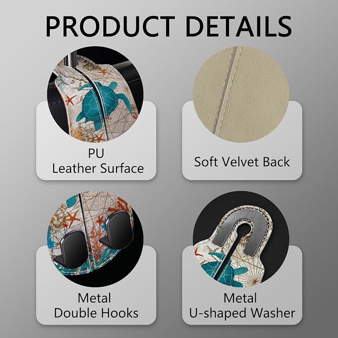 2PCS Car Seat Back Storage Headrest Hooks, Sea Turtle Purse Holder Bags Hanger, PU Leather Double Metal Hook for Backseat Organizer, Women Car Accessories Organization
