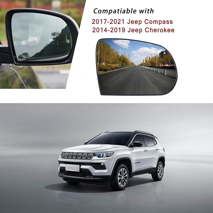 Passenger Side Mirror Replacement for Jeep Cherokee 2014-2019 Jeep Compass 2017-2021, Right Exterior Side Rearview Mirrors Glass, with Backing Plate, Power Heated