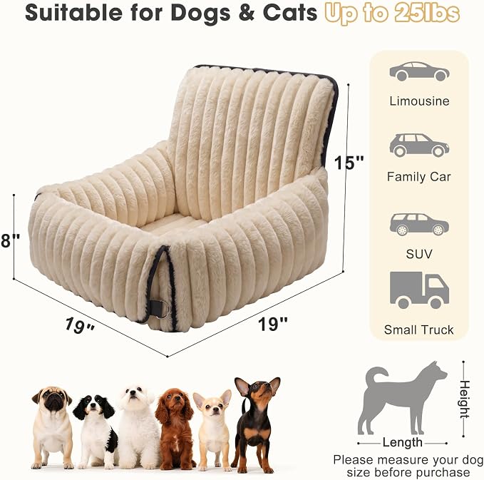 Dog Car Seat for Small/Medium Dogs up to 25 lbs, Multi-Functional Dog Carrier for Car with Detachable Washable Cover, Pet Travel Bed with Clip-On Safety Leash, Brown