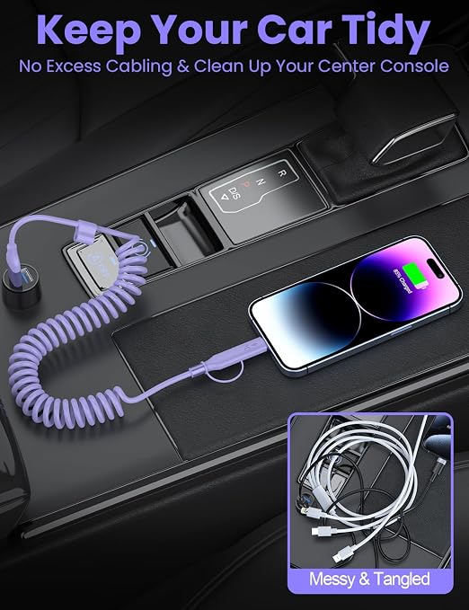 Purple USB-C and Lightning Cable 2-in-1, 3-FT iPhone 17 16 15 Car Charger Cord, 60W Fast Charging Cable for iPhone, Samsung Galaxy Supports Apple CarPlay & Android Auto
