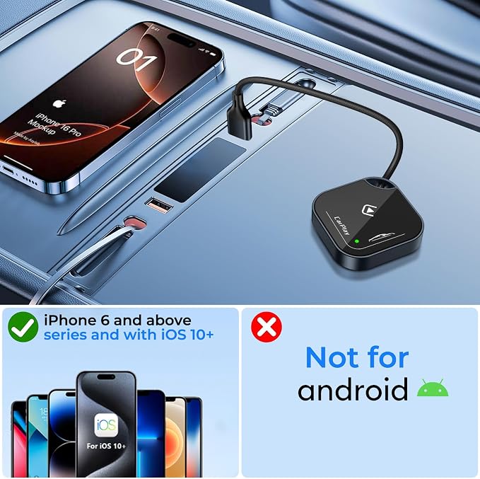 Wireless CarPlay Adapter for Apple iPhone-No Latency, Plug&Play, Stable Connection for Cars with Built-in Wired Apple CarPlay, Plug and Play CarPlay Wireless Adapter for iPhone 6~17, Fit for 800+ Cars