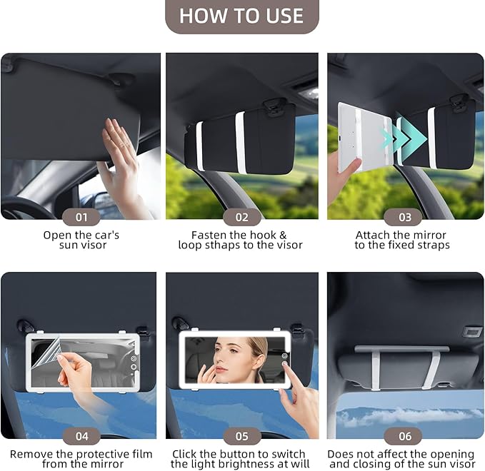 Car Visor Vanity Mirror with Light, Rechargeable Dimmable Touch LED Sun Visor Mirrors, Large Detachable Vanity Makeup Mirror with 3 Color Modes for Truck SUV Car Accessories Essential for Women(White)