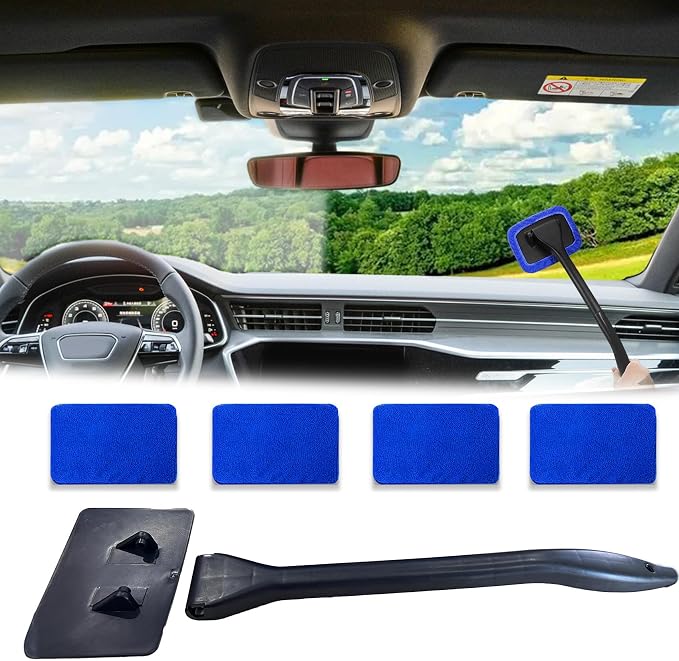 Windshield Cleaning Tool, Extendable Handle Car Window Cleaner with 4 Reusable Microfiber Pads, Auto Inside Glass Wiper for Car Windscreen Cleaning