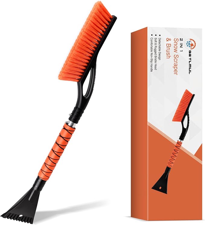 27" Heavy Duty Snow Brush and Ice Scraper | Scratch-Free Bristle Head & Detachable Scraper with Aluminum Body and Ergonomic Grip | Snow Removal Winter Car Accessories