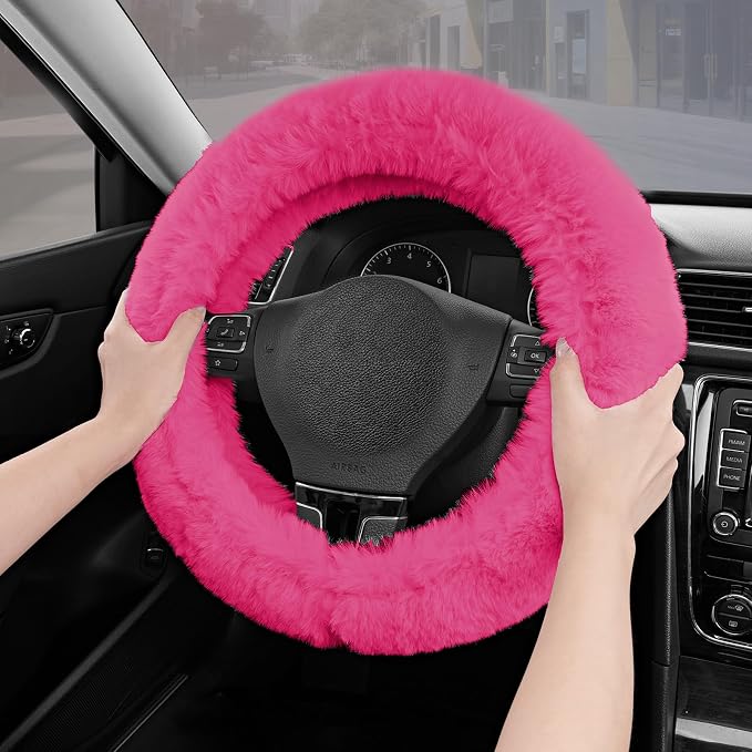 Steering Wheel Cover, Fluffy Car Wheel Covers for Women/Girls/Ladies，Soft Wool Fur Steering Wheel Protector, Universal 14 1/2 inches to 15 inches - HotPink