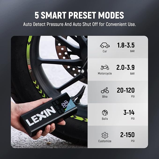 P5 Tire Inflator Portable Air Compressor, 150PSI Electric Air Pump for Car Tires, 5000mAh Rechargeable Tire Inflator with Digital Pressure Gauge & Auto Shut-Off for Car, Motorcycle, Bike & Ball