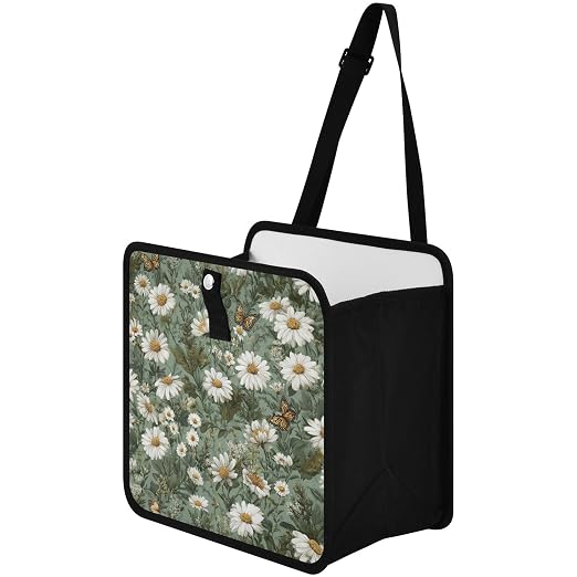 Car Trash Can Organizer Bin with Adjustable Strap for Back Front Seat Console Waterproof Leakproof Collapsible Portable 8.66 Inch Summer Daisy Butterfly Green