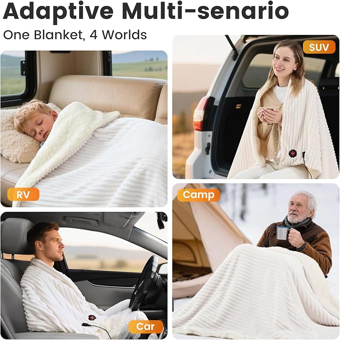 12V Electric Throw Blanket for Car – Soft Faux Fur & Cozy Sherpa with 2 Output USB Ports (1A +1 C) 4 Heating Levels & 4 Hours Auto Off, Machine Washable, 59" X 43", Beige