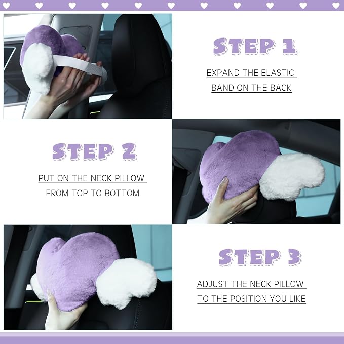 2 Pcs Plush Heart Shaped Pillow with Angel Wings Car Headrest Soft Comfortable Seat Pillow for Driving Travelling Room Office Car Decor, 19.7 x 8.3 Inch(Purple)