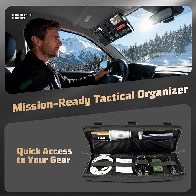 Tactical MOLLE Sun Visor Organizer - Multi Pockets Car Visor Panel with Zipper Pouch, Detachable Photo/Info Panel & Glasses Clip for EDC Gear