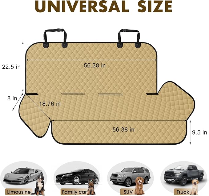 Backseat Cover for Dogs, Waterproof and Non-Slip Pet Bench Seat Covers, Car Seat Protector for Back Seat, Universal Size Rear Car Seat Cover Fits Cars, Trucks and SUVs, L-Khaki&Black