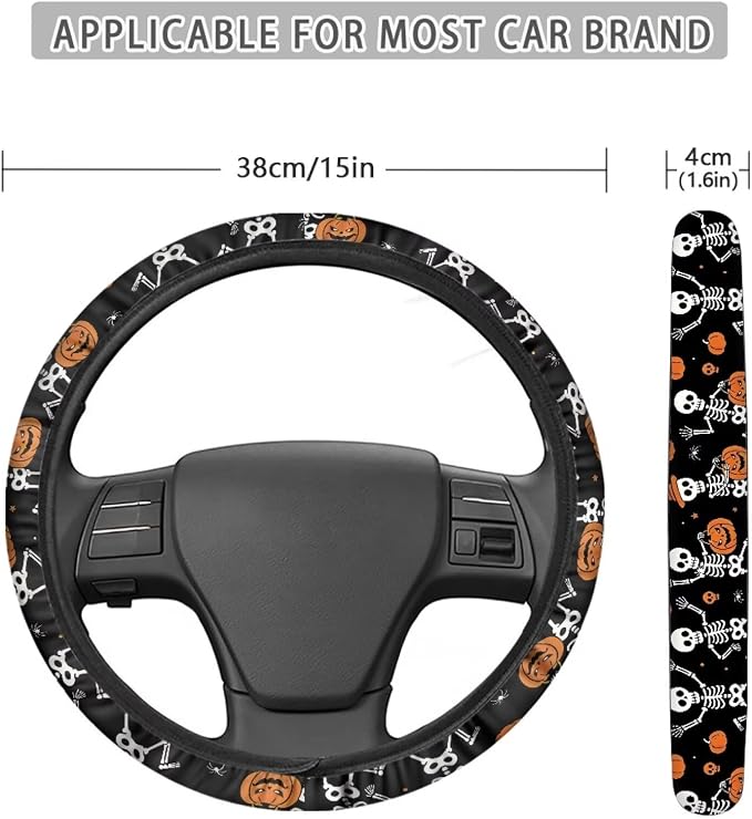Universal Fit Car Steering Wheel Cover Stretch-on Comfortable Grip | Funny Skull Pumpkin Print, Sweat Absorption Comfort Grip for Driver Women Men, Halloween Decor