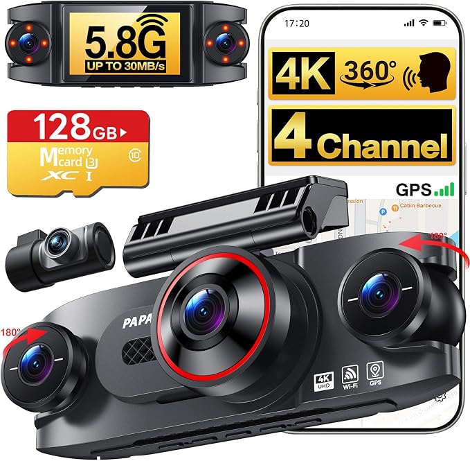 4 Channel 360° Dash Cam Front Rear and Left Right Inside, 4K+3 * 1080P Dash Camera for Cars with Free 128GB SD Card, 5.8GHz WiFi-30MB/s, 24H Parking Mode, G-Sensor, GPS, Night Vision, Voice Control