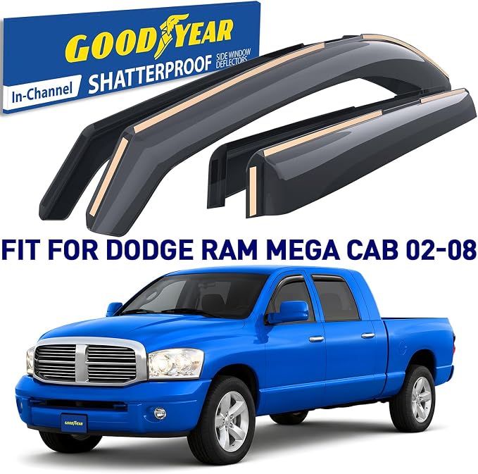 Goodyear Shatterproof in-Channel Window Deflectors for Dodge RAM 2002-2008 MegaCab, Rain Guards, Window Visors for Cars, Vent Deflector, Car Accessories, 4 pcs - GY008047