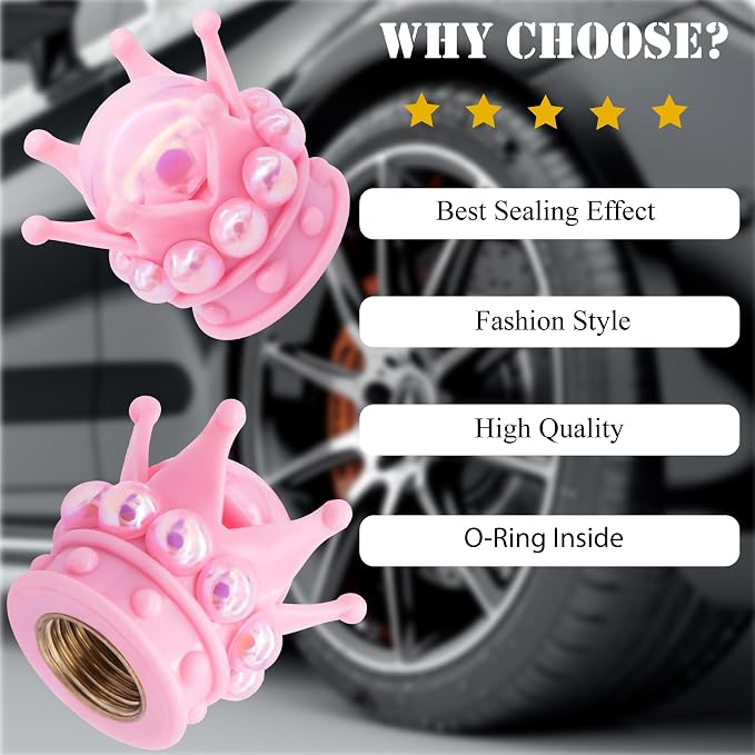 4PCS Crown Bling Tire Stem Valve Caps, Crystal Diamond Tire Air Cap Set Universal Copper Core Stem Covers for Cars, SUV, Trucks, Bikes, Motorcycles, Bicycles (Pink & Pink)