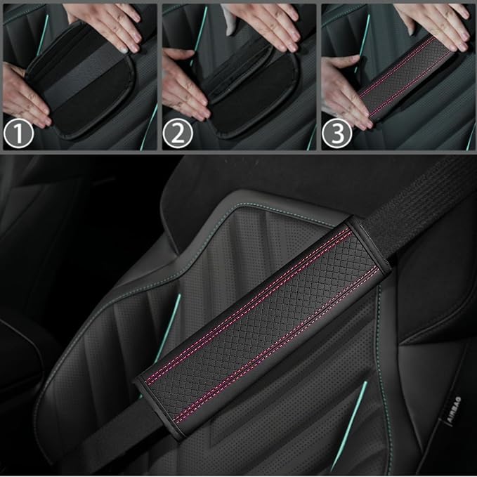 10 Pcs Car Floor Mats Full Set Car Accessories, Microfiber Leather Steering Wheel Covers 14.5-15 inch, Center Console Cover, Seat Belt Pads, Cup Coasters, Universal Interior Decor(Pink)