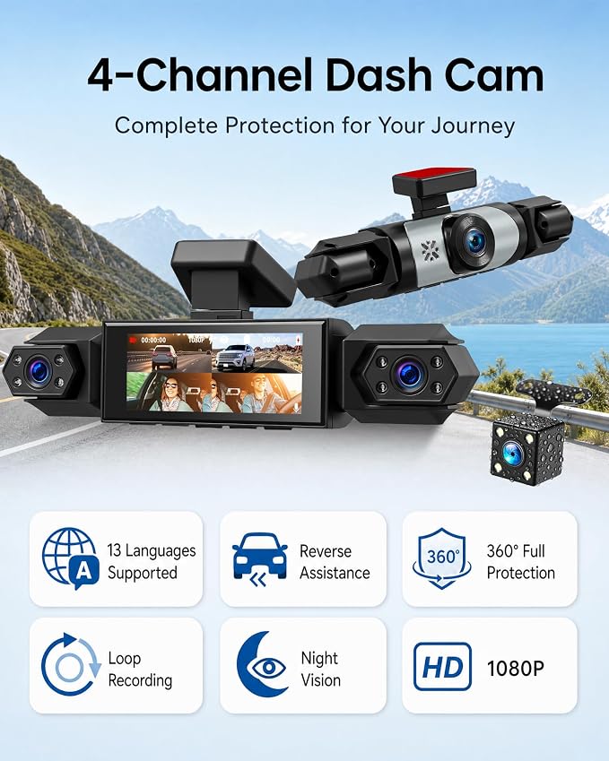 4 Channel 360° Dash Cam, 1080P FHD Front and Rear Camera for Cars, 8 Non-Glare Night Vision Lights, Loop Recording, Reverse Assistance, 3.16" IPS Screen, Interior Monitoring