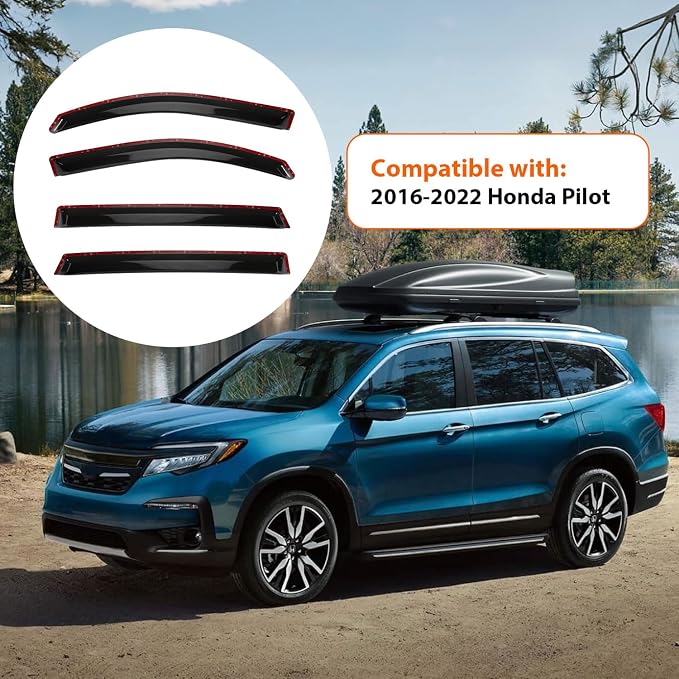 4pcs Smoke Tint Window Visors Compatible with 2016-2022 Honda Pilot, Set of 4 Front+Rear Sun Rain Guard Vent Outside Mount Tape On Style Acrylic