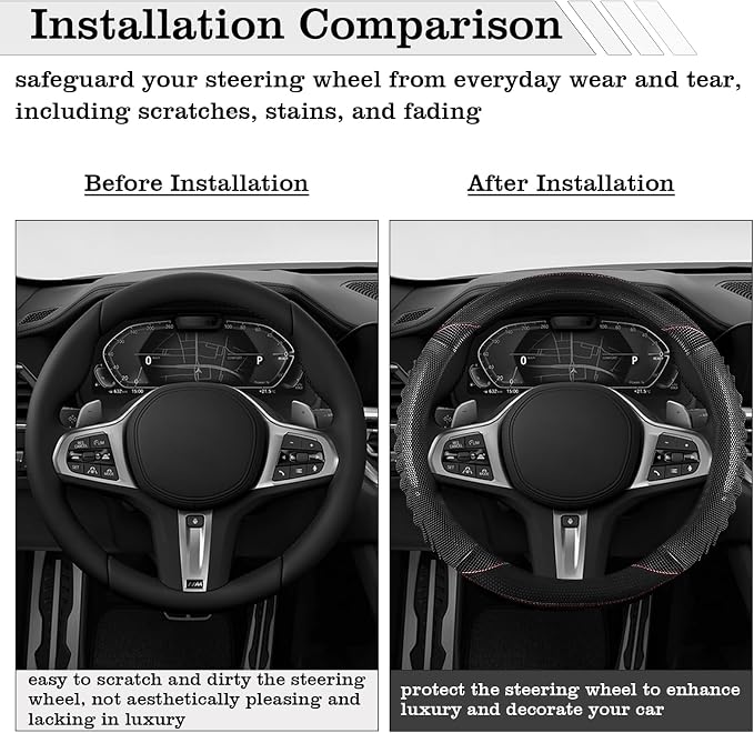 5D Honeycomb Black Car Steering Wheel Cover,14.5-15 Inch Universal Carbon Fibre Leather Covers Breathable Anti-Slip Odorless Steering Wheels Accessories for Men Women