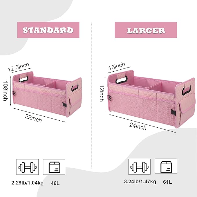 Car Trunk Organizer for SUV, Car Storage Organizer Collapsible Multi Compartment Container Box, Adjustable Car Accessories for Women/Men, Large Pink