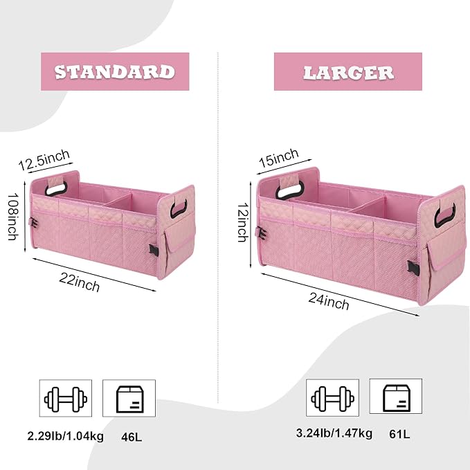 Car Trunk Organizer for SUV, Car Storage Organizer Collapsible Multi Compartment Container Box, Adjustable Car Accessories for Women/Men, Pink