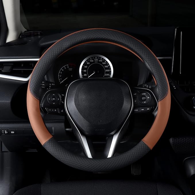 Auto Car Genuine Leather Steering Wheel Cover Anti Slip Wrap 15" (Brown)