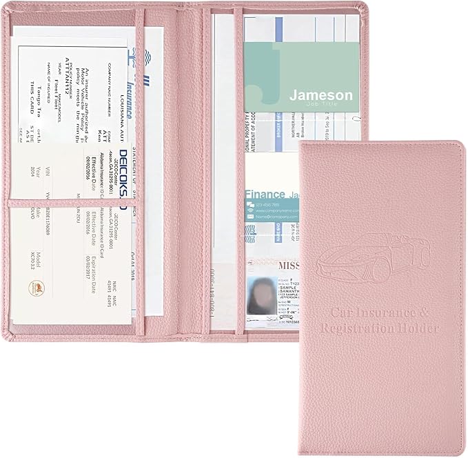 1Pack Car Registration and Insurance Holder,Car Document Holder for Cards License with Magnetic Shut,Vehicle Glove Box Car Organizer for Documents, Cards, License(Embossed leather Pink)
