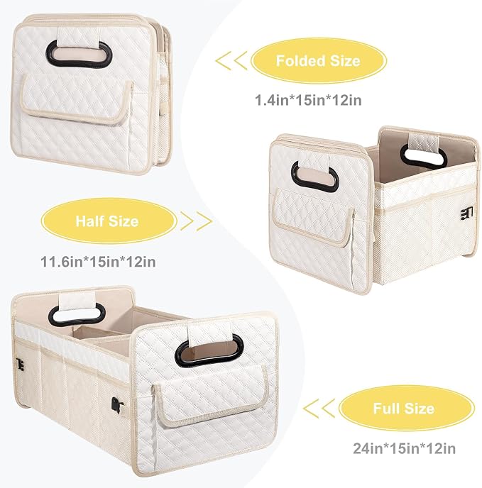 Car Trunk Organizer for SUV, Car Storage Organizer Collapsible Multi Compartment Container Box, Adjustable Car Accessories for Women/Men, Large Beige