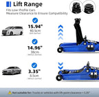 2.5T Floor Jack, 5500 lbs, 3.35"-14.96" Lift, Tire Kit, Pads, Sockets & Bag | Steel jack, 3.35"-14.96" lift. 360° swivel handle, rear casters. Includes tire kit, 2 rubber pads, 2 sockets & bag.