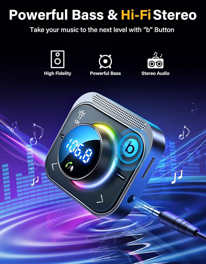 96W FM Transmitter Bluetooth 6.0 Car Adapter Aux with 3 Charging Ports【PD 60W & 2 * 18W】【Air Vent Installation for Safe】 Deep HiFi Bass Player Wireless Radio Fun Car Accessories Gift Set