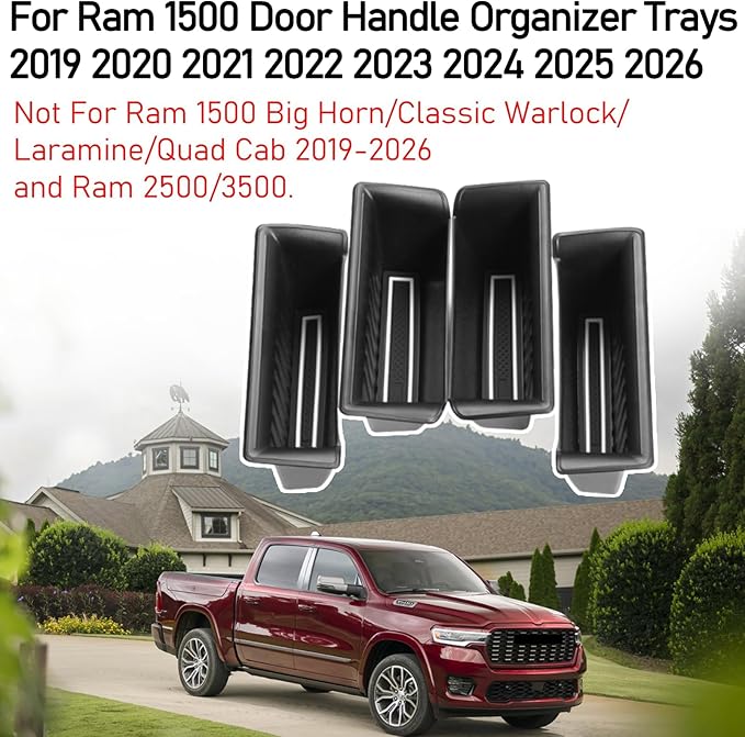 for Ram 1500 Door Side Organizer Tray 2019 2020 2021 2022 2023 2024 2025 2026, for Ram 1500 Door Pocket Insert 4 Pcs with White-Lines Mats (Does not fit 2500 3500)