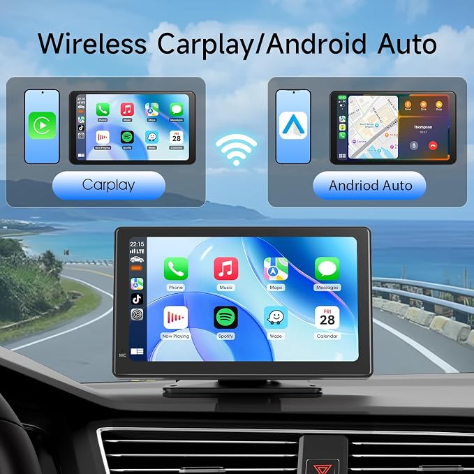 Portable CarPlay Screen for Apple CarPlay & Android Auto, 7 Inch Wireless Car Stereo Touchscreen with Bluetooth, GPS Navigation, Voice Control, Backup Camera Support for All Vehicles