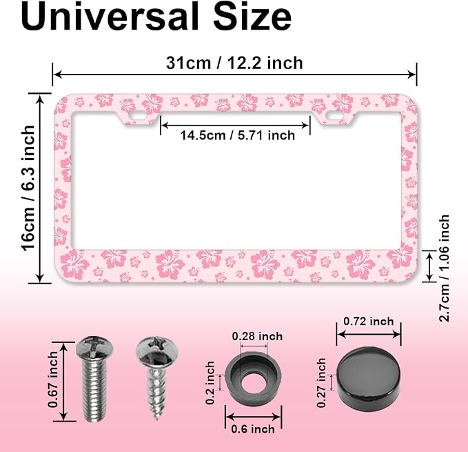 Pink Hibiscus Flower License Plate Frames,Tropical Floral Car Accessories for Women and Men ，Cute Aluminum License Plate Frame Fits Standard US Vehicles Size 12.2 x 6 Inch (Pink-Hibiscus Flower)