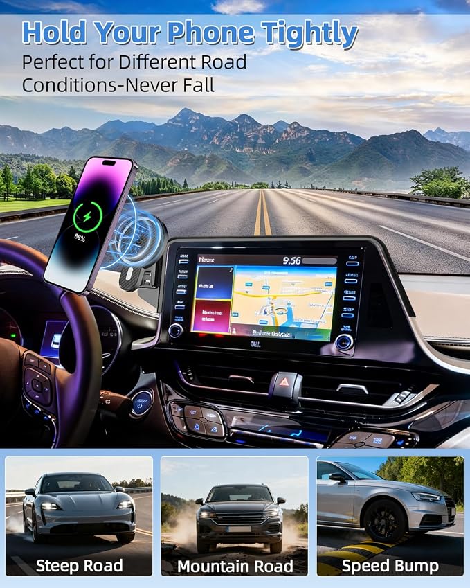 PZK Car Phone Mount for Toyota C-HR CHR 2019-2022 Accessories 8-inch Screen | Magnetic 15W Fast Wireless Charger Phone Holder with Magsafe 360° Rotation Hands-Free Phone Cradles Not Block Air Vent