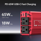 300W Power Inverter with 65W USB-C QC3.0 Ports - 12V DC to 110V AC Car Converter Charger for Vehicles - 11V-17V Aluminum Housing Car Plug in Cigarette Lighter Adapter Outlet for Laptop