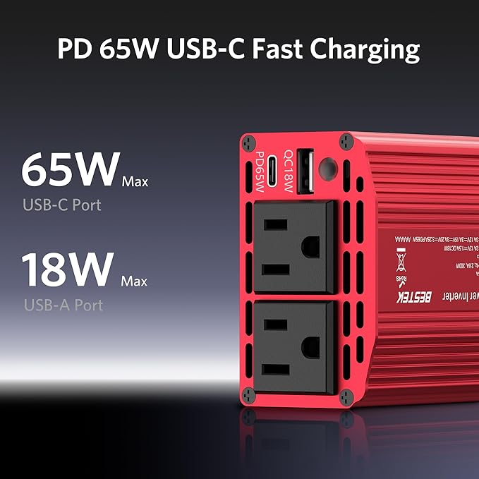 300W Power Inverter with 65W USB-C QC3.0 Ports - 12V DC to 110V AC Car Converter Charger for Vehicles - 11V-17V Aluminum Housing Car Plug in Cigarette Lighter Adapter Outlet for Laptop