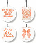 Orange Christian Round Car Air Freshener 4 Pcs, Girly Orange Bow Floral Religious Hanging Air Freshener for Cars Closet Drawer Books, Cute Preppy Car Accessories Mirror Decor for Women