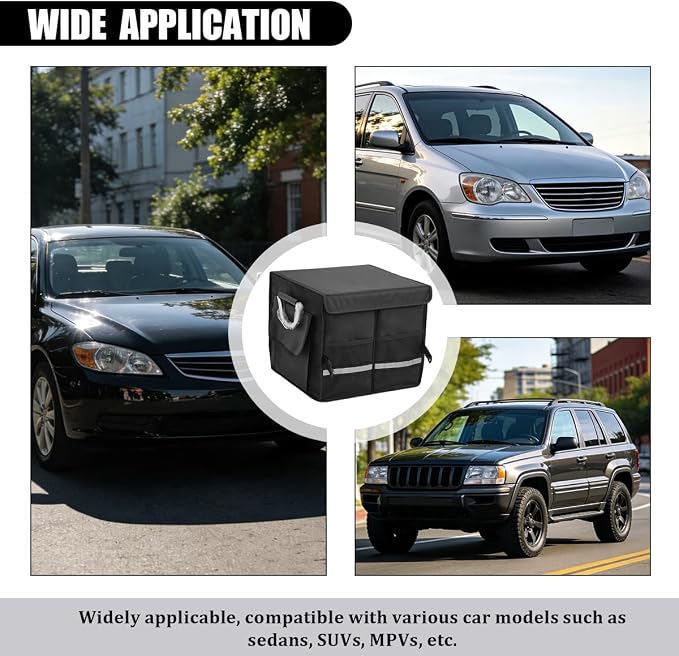 Car Trunk Organizer with Lid, Multi-Compartment Waterproof Vehicle Trunk Storage Box with Reinforced Handle, Foldable Automotive Cargo Container Organizer, Universal for Vehicles