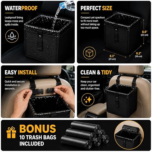 Car Trash Can for Car – Waterproof Hanging Car Garbage Bin – Bonus 20 Trash Bags Included