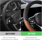 Car Steering Wheel Cover, 15 Inch Carbon Fiber Leather Stitching Color Steering Wheel Protector, Anti-Slip Elastic Breathable Steering Wheel Cover Stylish Decor for Most Cars (Black&Khaki, AD)
