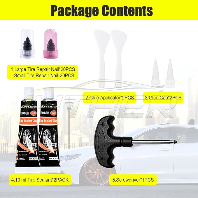 40 PCS Tire Plugs Screw Type with 2 Tubes of Tire Sealant Glue, Reliable Screw in Tire Repair Plugs with a Screwdriver, Quick Tool Tire Plugs, Screw Tire Plug Kit for Car Motorcycles Trucks Tractors