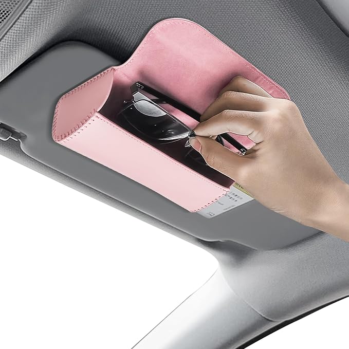 Sunglasses Holder for Car Sun Visor, Leather Auto Eyeglasses Storage Case with Hidden Magnetic Closure, Universal Protective Glasses Organizer Box, Visor Accessories for Woman Man (Pink)