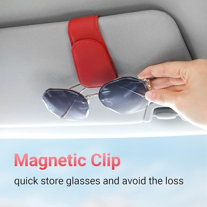 Sunglass Holder for Car Visor Sunglasses Clip Magnetic Leather Glasses Eyeglass Holder Truck Car Interior Accessories Universal for Woman Man -Red