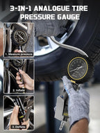 Analog Tire Inflator Gauge with Steel Braided Hose, 100 PSI Mechanical Tire Pressure Gauge – 3-in-1 Inflate/Deflate/Measure, 2.6" Glow Dial, Air Chuck for Car, Truck, SUV, RV, Bike (with Case)