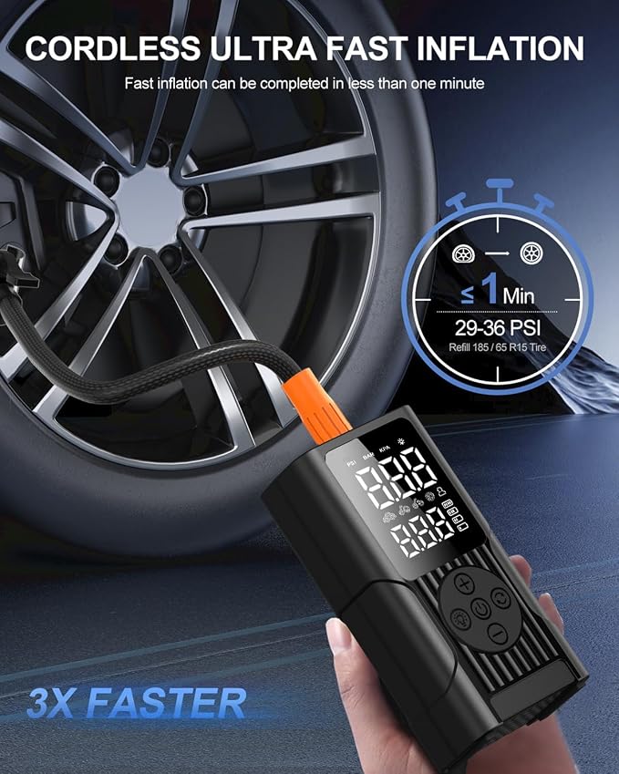 Tire Inflator Portable Air Compressor - 3X Faster Cordless Air Pump for Car Tires, 150PSI Electric Bike Pump with Digital Gauge & Auto Shut Off, LED Light, Power Bank